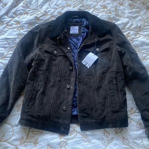 ZARA, size Large, brown corduroy with black sherpa collar, dark blue inside